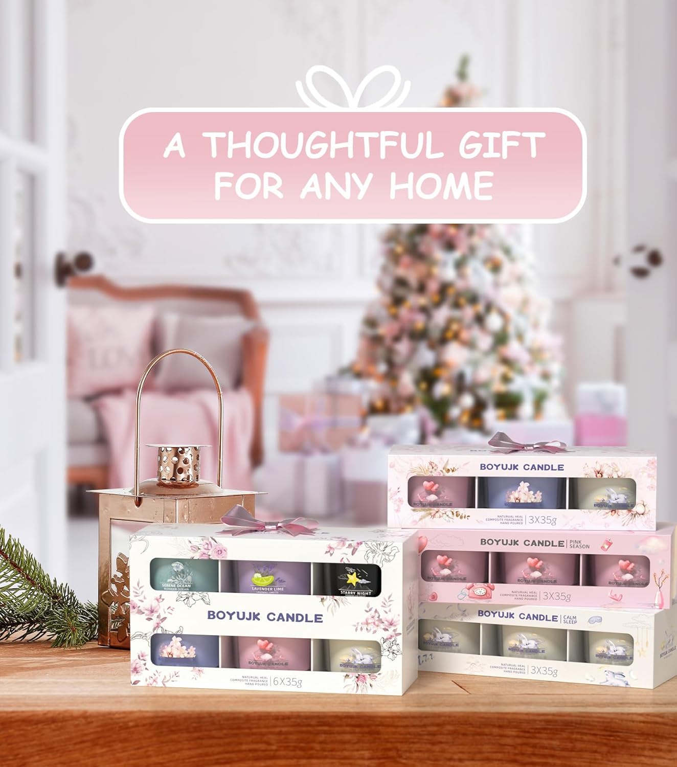 BOYUJK Scented Candles Gift Set for Anxiety | 3 Scented Filled Votive Candles | Relaxation Gifts for Women (Pink Season Collection)
