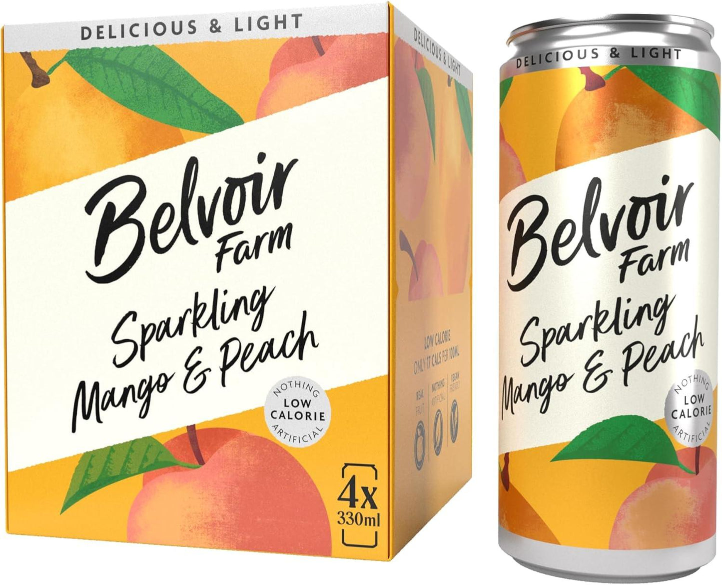 Belvoir Farm - Sparkling Mango & Peach, Delicious and Light, Real Fruit Juice, Low in Calories, Nothing Artificial, Gluten Free, Suitable for Vegetarians & Vegans 24X330Ml