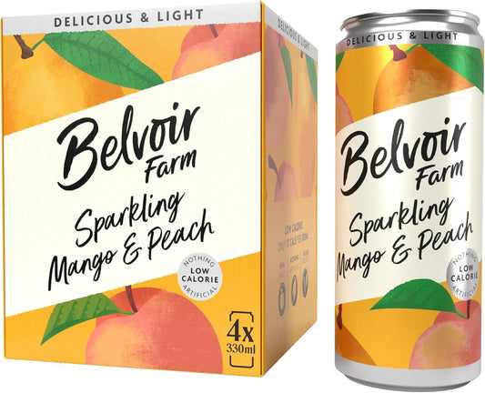 Belvoir Farm - Sparkling Mango & Peach, Delicious and Light, Real Fruit Juice, Low in Calories, Nothing Artificial, Gluten Free, Suitable for Vegetarians & Vegans 24X330Ml