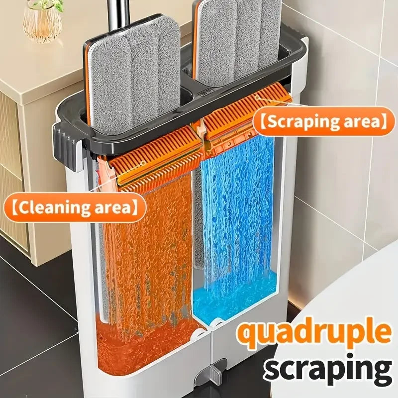 40cm Spin Hand 360° Flat Squeeze Mop Bucket w/4 Pads Multi-Functional Floor Head