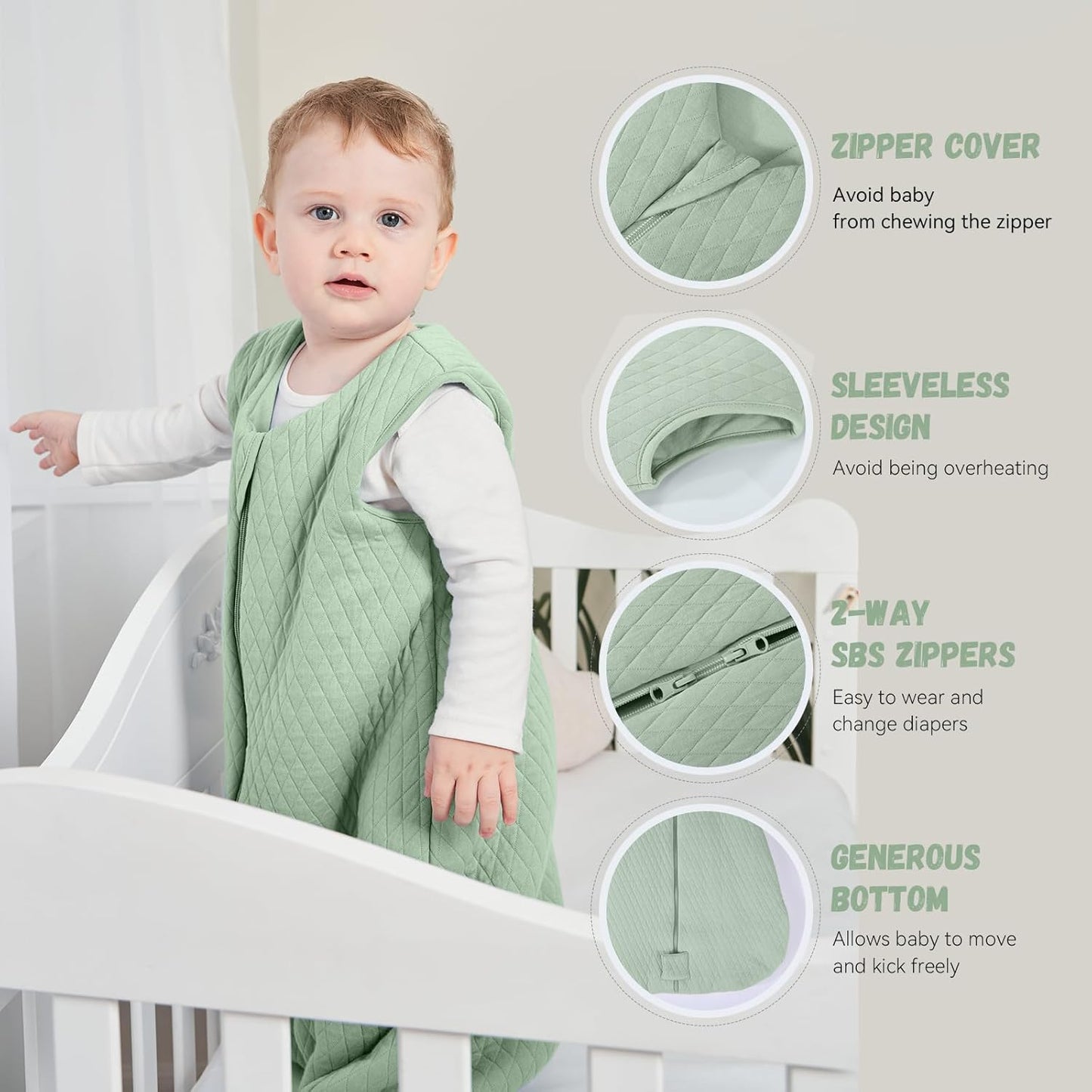 Baby Sleeping Bag 6-12 Months 100% Cotton TOG 2.5 Winter Toddler Sleep Sack Wearable Blanket for Infant Toddler Green