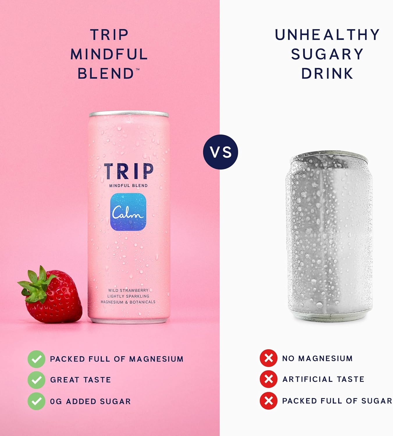 TRIP Mindful Blends - Wild Strawberry Sparkling Drink with 1440MG Magnesium Citrate + Lion’S Mane + Chamomile + Lemon Balm. Low Calorie, No Added Sugar and Vegan (Pack of 12 X 250Ml)