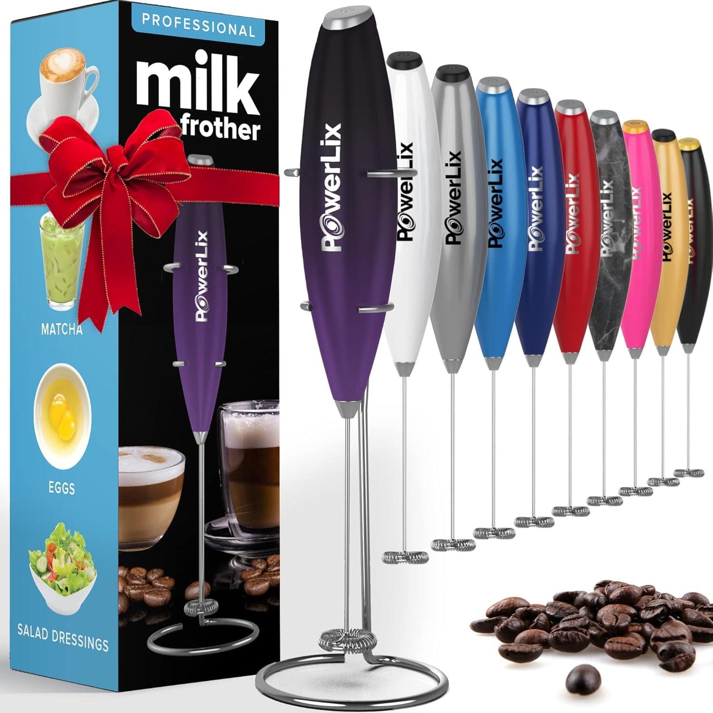 Powerlix Milk Frother Handheld Whisk - Electric Milk Frother Foamer with Stainless Steel Stand,15-20S, Powerful 19000Rpm, Mini Drink Mixer Coffee Frother for Latte, Cappuccino, Hot Chocolate POWERLIX