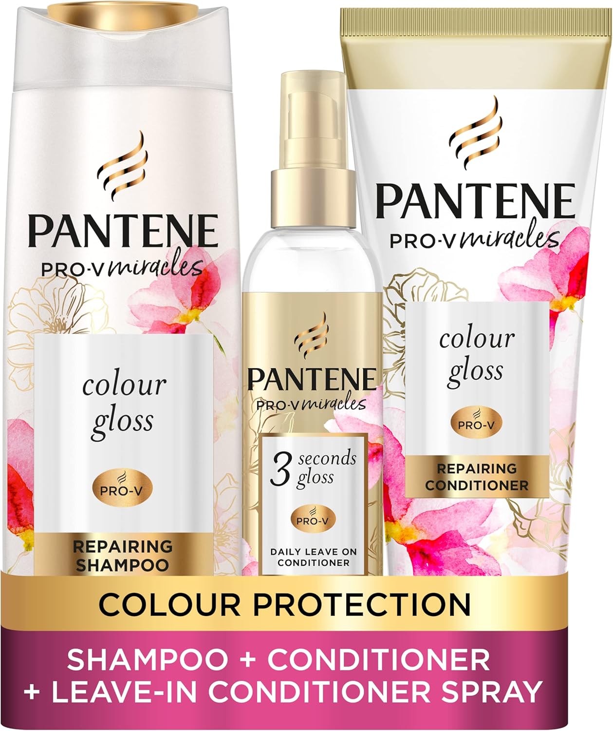Pantene Colour Shampoo and Conditioner Set + Leave-In Conditioner Spray with Biotin and Niacinamide, Transform Damaged Coloured Hair from Dull to Glossy in 1 Use, 400/275 / 145Ml