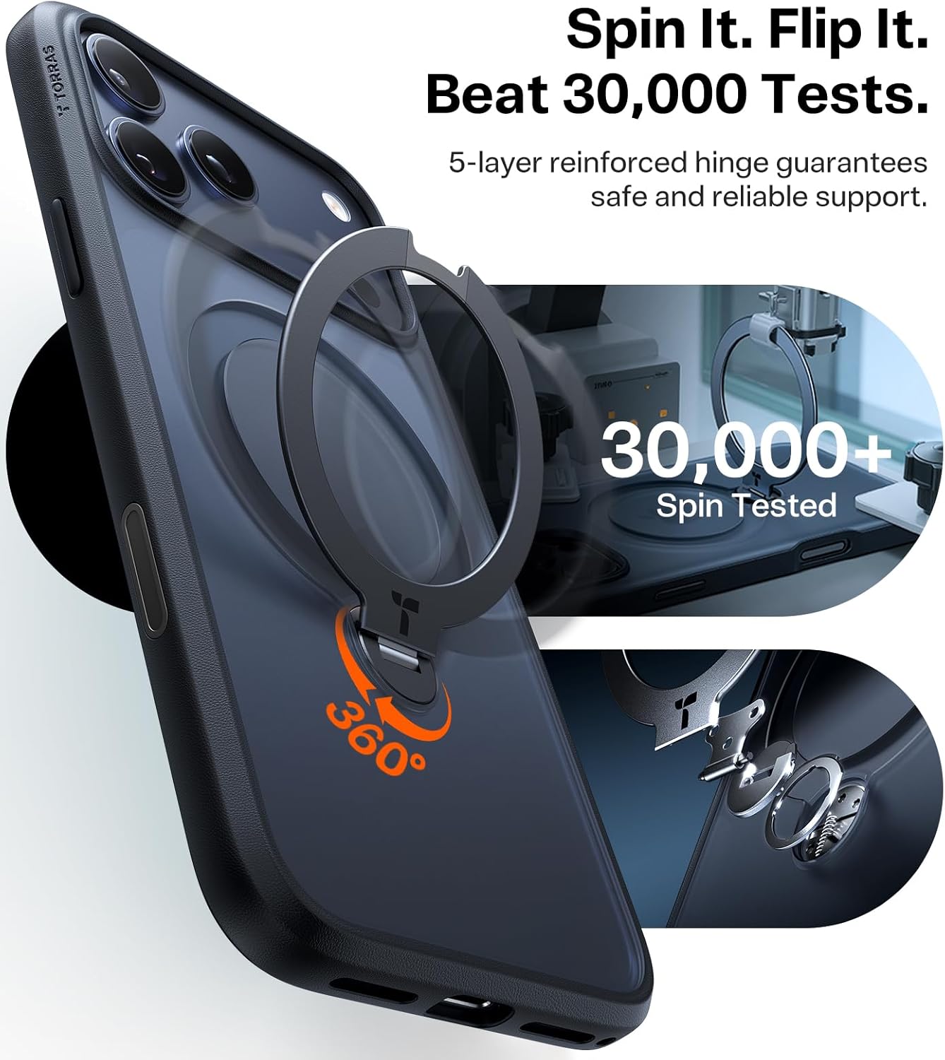 TORRAS Ostand Q3 Spin for iPhone 17 Pro Max Case – 360° Rotating Ring Stand, Camera Button Guard, 12FT Drop Protection, MagSafe Compatible, Black Smartphone Casing