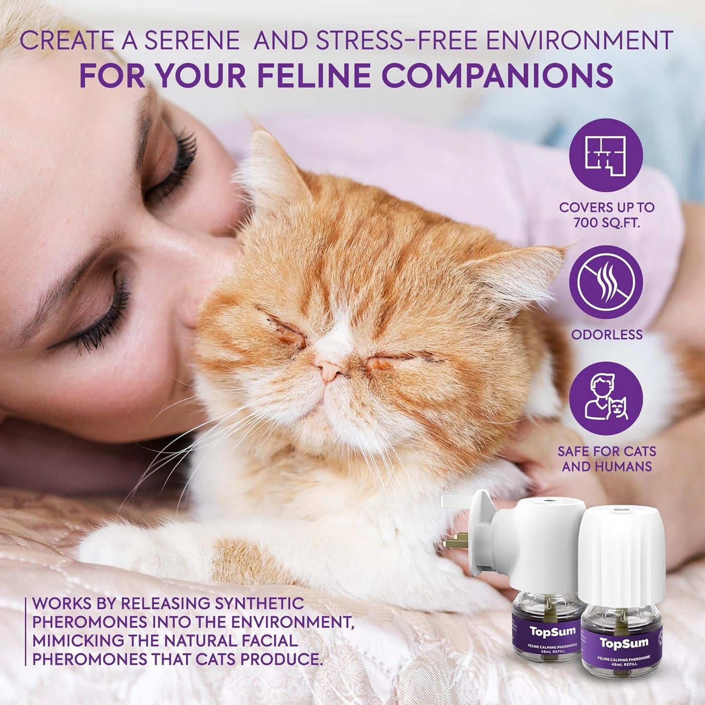 Topsum Cat Calming Plug-In: Premium Cat Pheromone Diffuser - Cat Plug in Calmer - Pet Calming Plug in - Promotes Relaxation & Well-Being, 3 Pack (Amethyst) TopSum