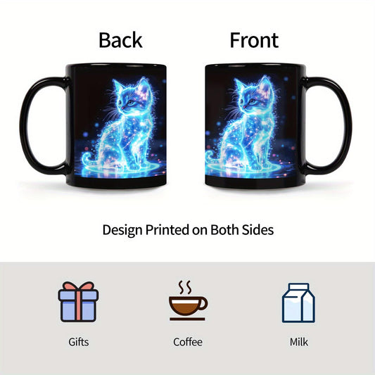 1pc Enchanting Blue Cat Ceramic Coffee Mug – Glowing Neon Design, Reusable Drinkware for All Seasons, Perfect Gift for Birthdays, Holidays, Christmas, New Year, Valentine'S Day, Coffee Bar Accessories