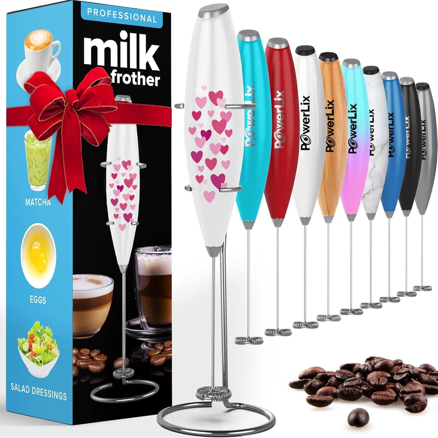 Powerlix Milk Frother Handheld Whisk - Electric Milk Frother Foamer with Stainless Steel Stand,15-20S, Powerful 19000Rpm, Mini Drink Mixer Coffee Frother for Latte, Cappuccino, Hot Chocolate POWERLIX