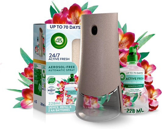 Air Wick Aerosol-Free Automatic Air Freshener Spray Kit, Eucalyptus & Freesia, 1 Gadget & 1 Refill (228Ml), 24X7 Active Fresh Odour Neutraliser, Lasts up to 70 Days, Air Freshener for Home