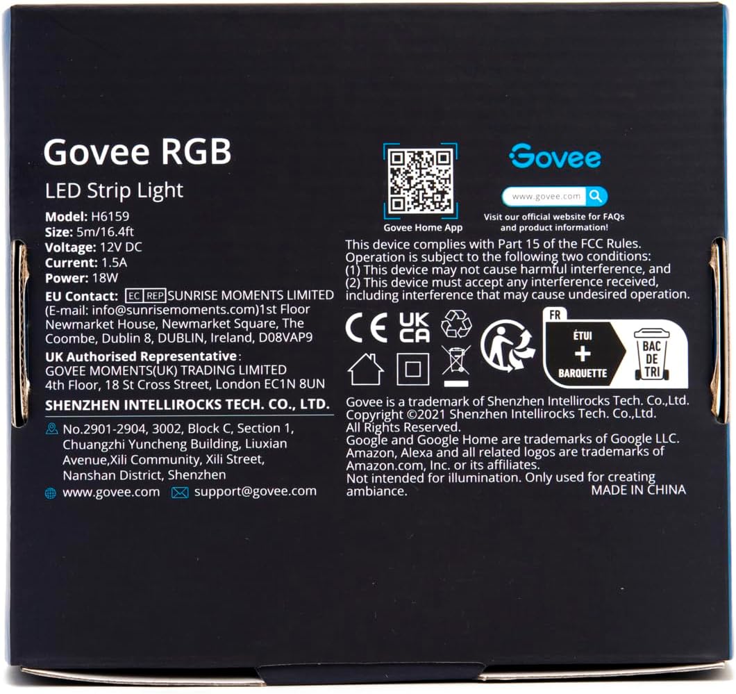 Govee Wifi LED Strip Light 5M, Smart RGB Strip, App Control, Works with Alexa and Google Assistant, Music Sync, LED Lights for Bedroom, TV, Party