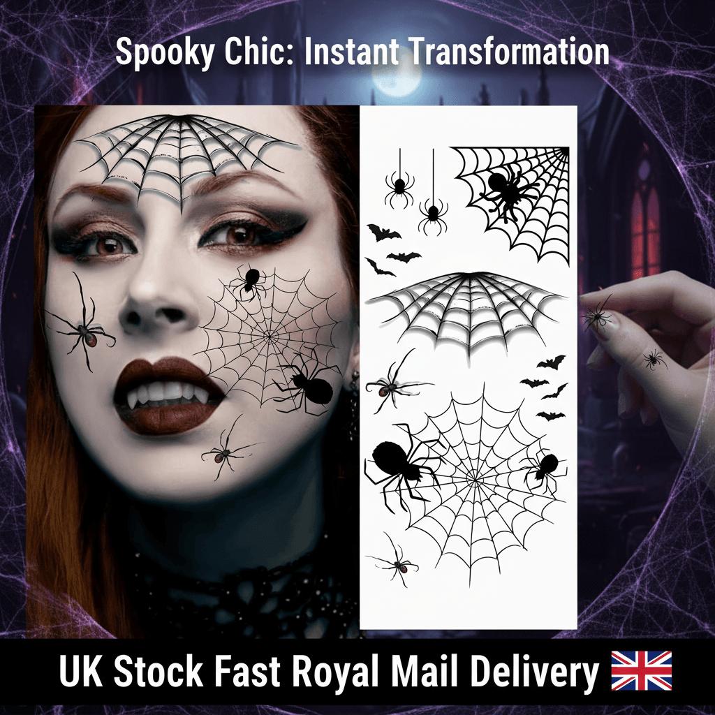 Halloween Temporary Tattoos - 1 Sheet Waterproof Realistic Spider Web, Spiders & Bats Design | Long-Lasting Fake Tattoo Stickers for Adults | Oblong Shape for Arm, Thigh, Leg, Forearm, Shank