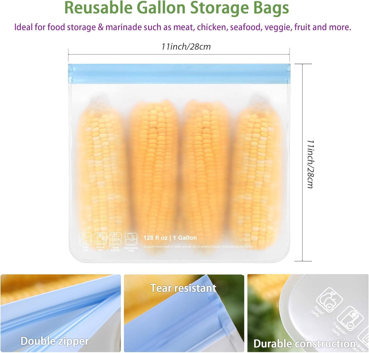 Roonoo 6 Pack Dishwasher Safe Reusable Gallon Freezer Bags Food Storage Bags, Extra Thick Leakproof Silicone & Plastic Free Ziplock Bags for Meal Prep, Fruits, Sandwich, Snack, Travel Items roonoo