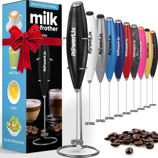 Powerlix Milk Frother Handheld Whisk - Electric Milk Frother Foamer with Stainless Steel Stand,15-20S, Powerful 19000Rpm, Mini Drink Mixer Coffee Frother for Latte, Cappuccino, Hot Chocolate POWERLIX