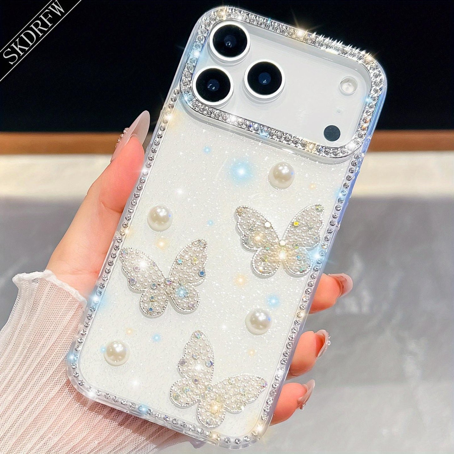 Luxurious Light Luxury Glittering Rhinestone Frame with Three-Dimensional Pearl Butterfly Phone Case for iPhone 17, 17 Air, 17 Pro, 17 Pro Max, 16, 16 Pro, 16 Pro Max, 16 Plus, 15, 15 Pro, 15 Pro Max, 14, 14 Pro, 14 Pro Max, 13, 13 Pro, 13 Pro Max, Phone