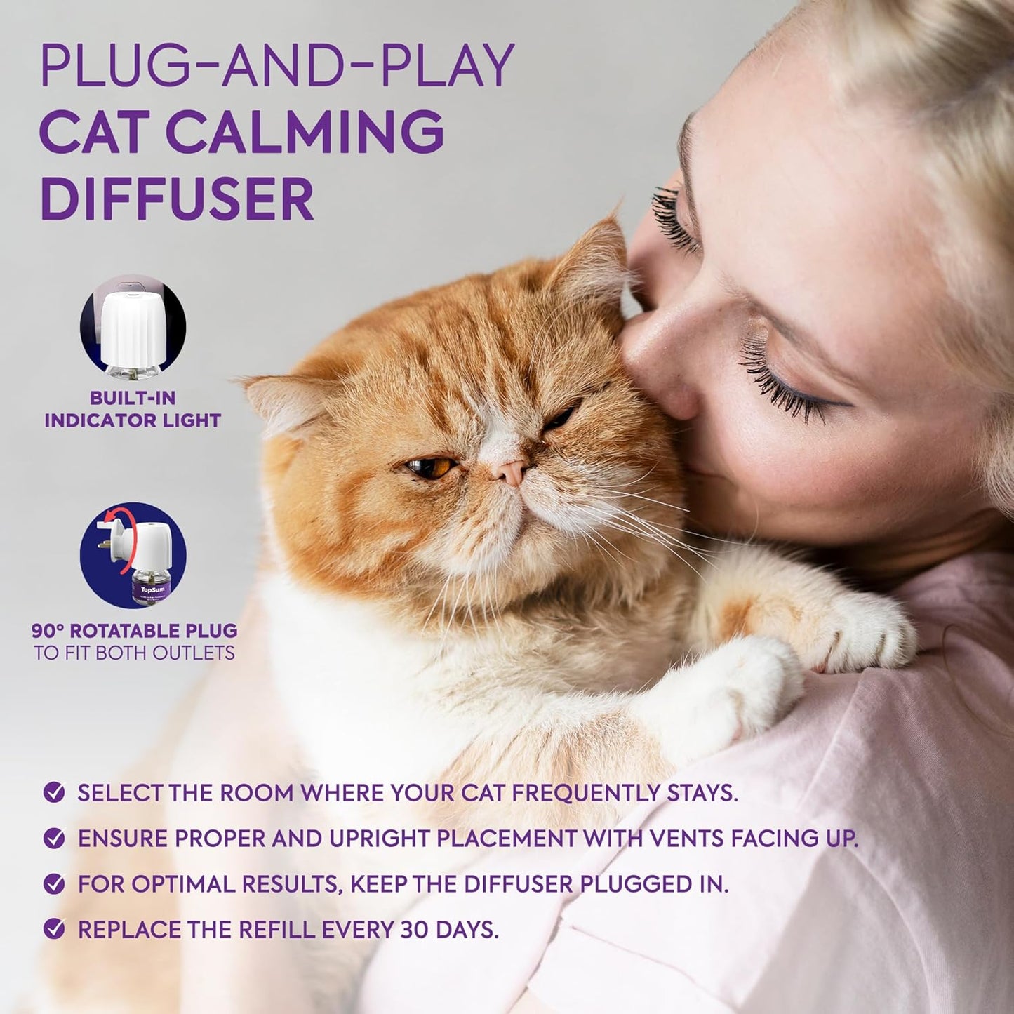 Topsum Cat Calming Plug-In: Premium Cat Pheromone Diffuser - Cat Plug in Calmer - Pet Calming Plug in - Promotes Relaxation & Well-Being, 3 Pack (Amethyst) TopSum