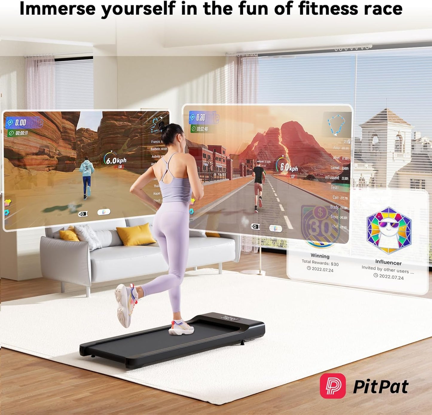 Lacuffy Raceable Walking Pad 2.5HP, under Desk Treadmill with APP Control, Max 136Kg 159Kg Walking Machine with Multi-Runner Races & Real-Time Interaction, Door to Door Delivery