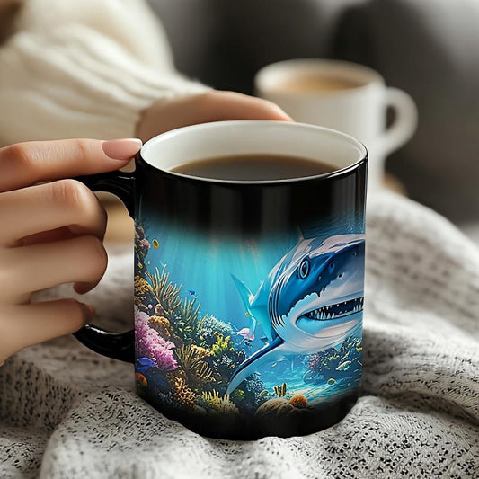 1pc Shark Color Changing Cup, Ocean World Ceramic Coffee Cup, Ocean World Design with Color Changes, Shark and Coral Reef, Birthday Gift, Festival Gift 11oz