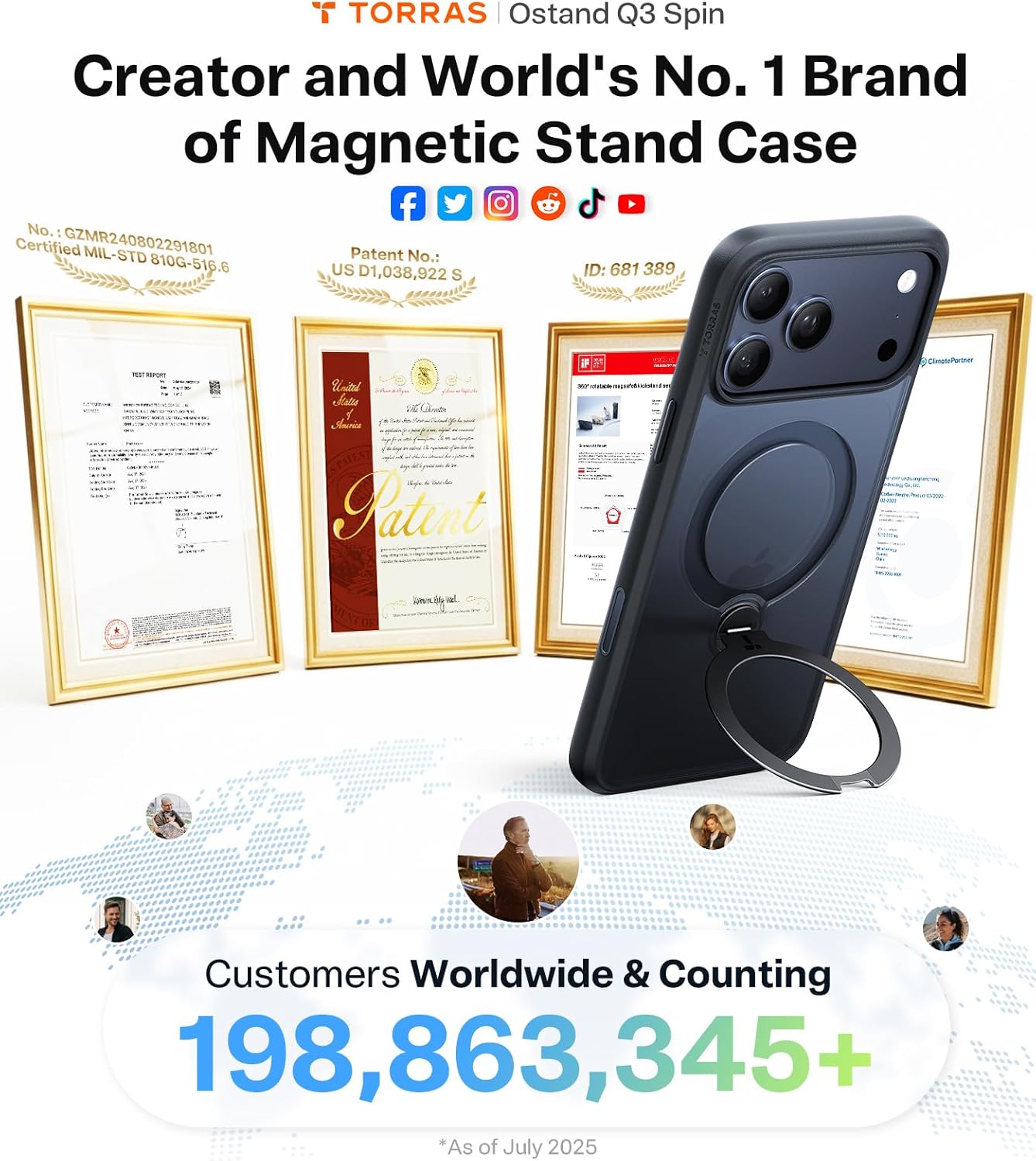 TORRAS Ostand Q3 Spin for iPhone 17 Pro Max Case – 360° Rotating Ring Stand, Camera Button Guard, 12FT Drop Protection, MagSafe Compatible, Black Smartphone Casing