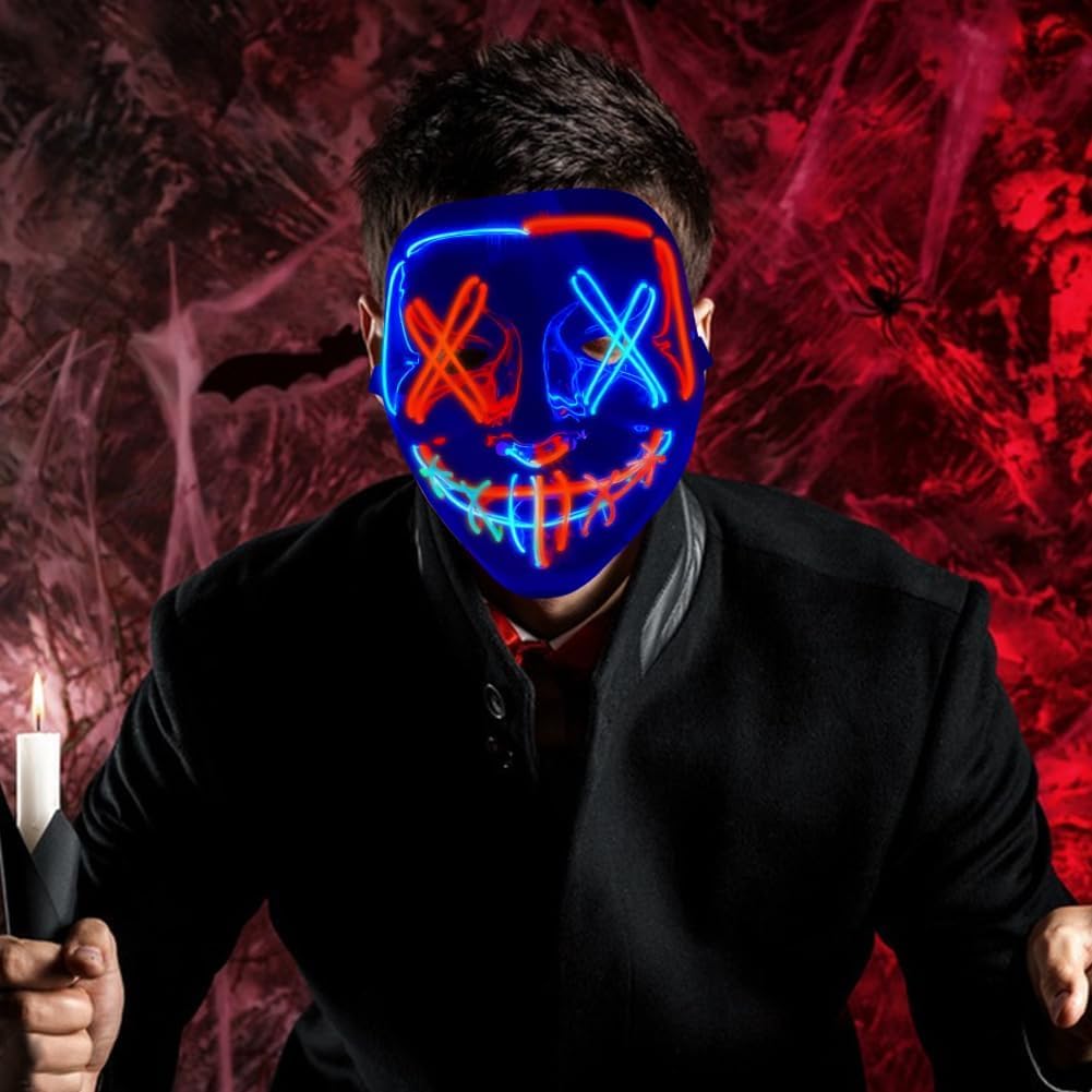 Halloween Mask, LED Scary Horror Smiling Expression Evil Character Mask Costume Mask for Cosplay Party Props, Halloween Costumes for Men Adults Kids Boys (Blue+Red) SFODTN