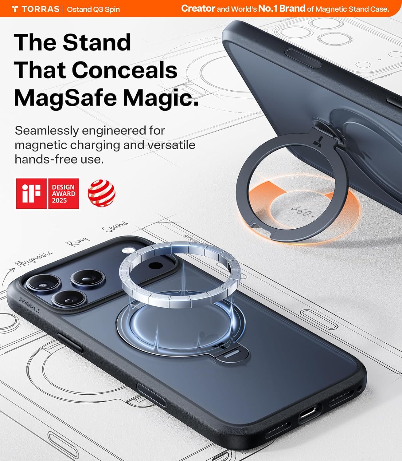 TORRAS Ostand Q3 Spin for iPhone 17 Pro Max Case – 360° Rotating Ring Stand, Camera Button Guard, 12FT Drop Protection, MagSafe Compatible, Black Smartphone Casing