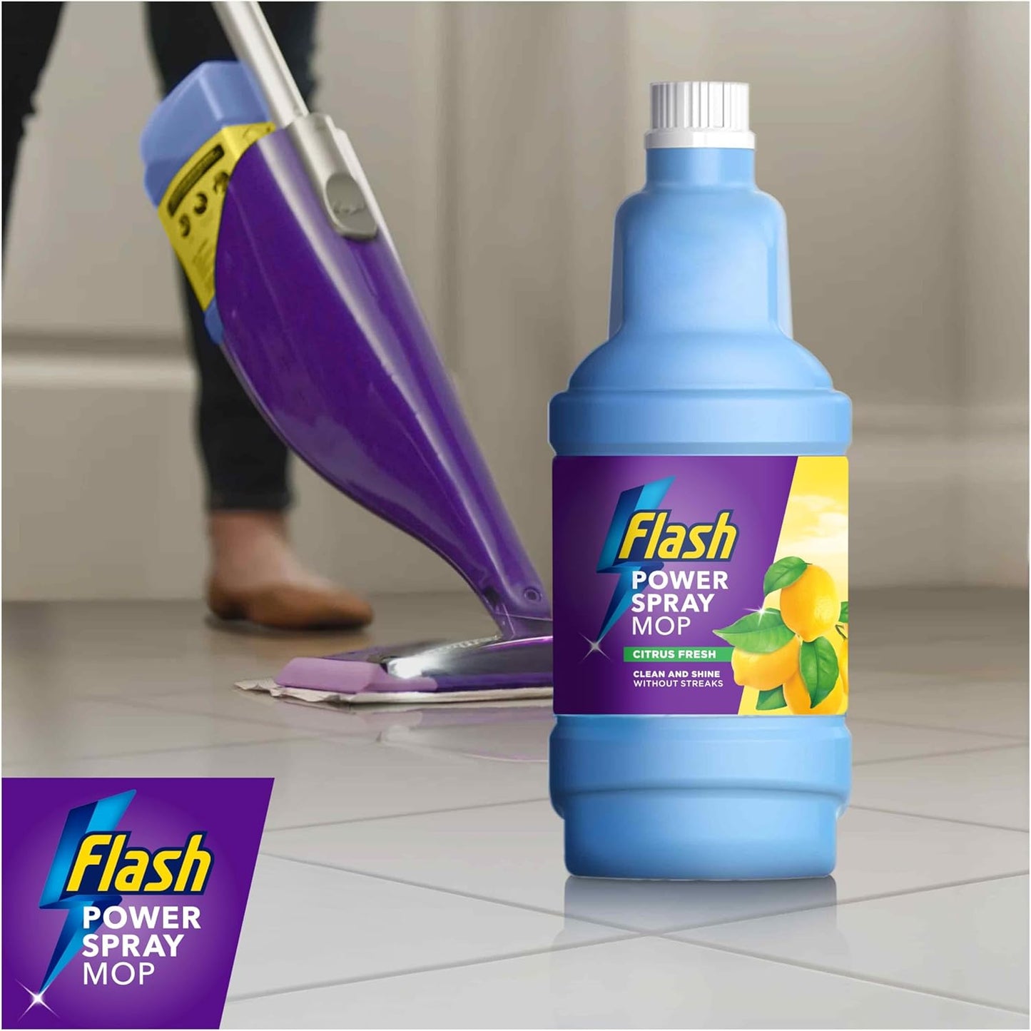 Flash Power Spray Mop Floor Cleaner Citrus Fresh 4 x 1.25L Quick Dry Multi-Surface Cleaning Liquid Safe on All Finished Floors - Household
