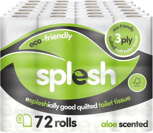 Splesh by Cusheen 3-Ply Toilet Roll - Aloe Vera Fragrance (72 Pack) Soft, Quilted Bulk Toilet Rolls, Toilet Tissue and Loo Rolls – Eco-Friendly Toilet Paper Sustainably Crafted in the UK