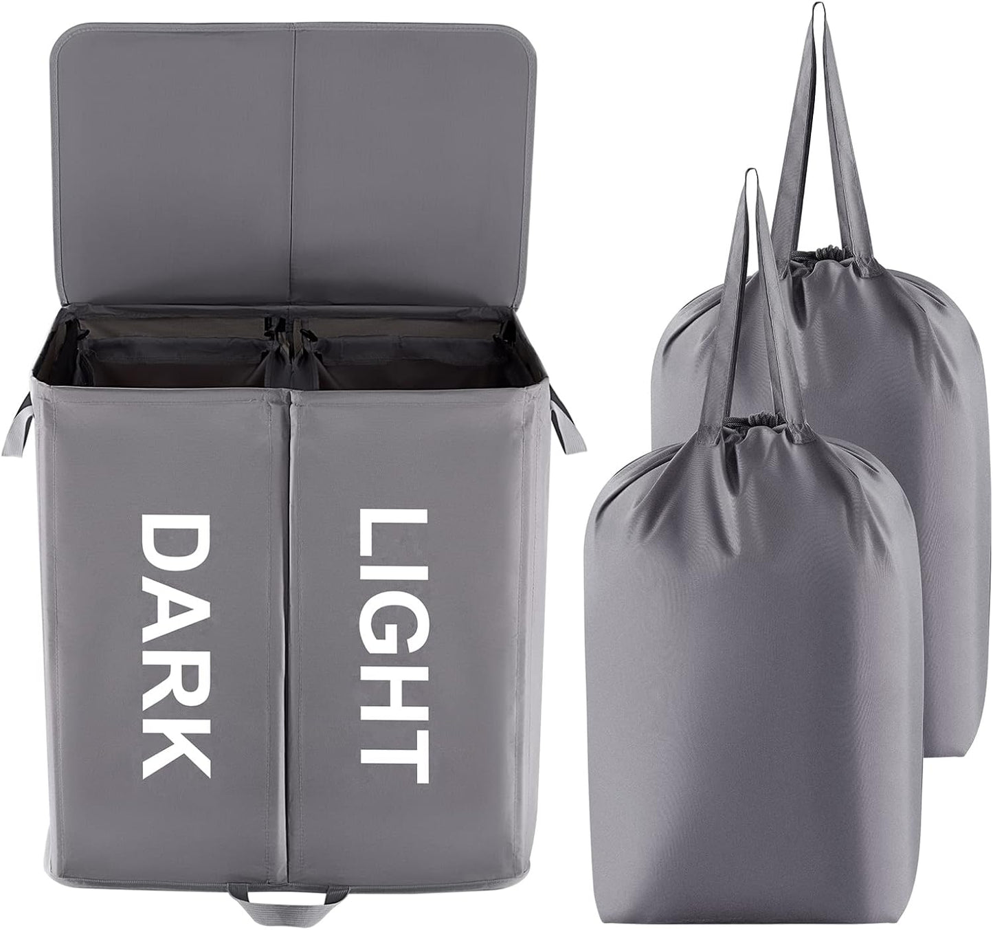 Lifewit 136L Double Laundry Hamper with Lid and Removable Laundry Bags, Large Divided Hamper, Collapsible 2 Section Laundry Basket with Handles for Bedroom, Bathroom, College Dorm, Laundry Room, Grey