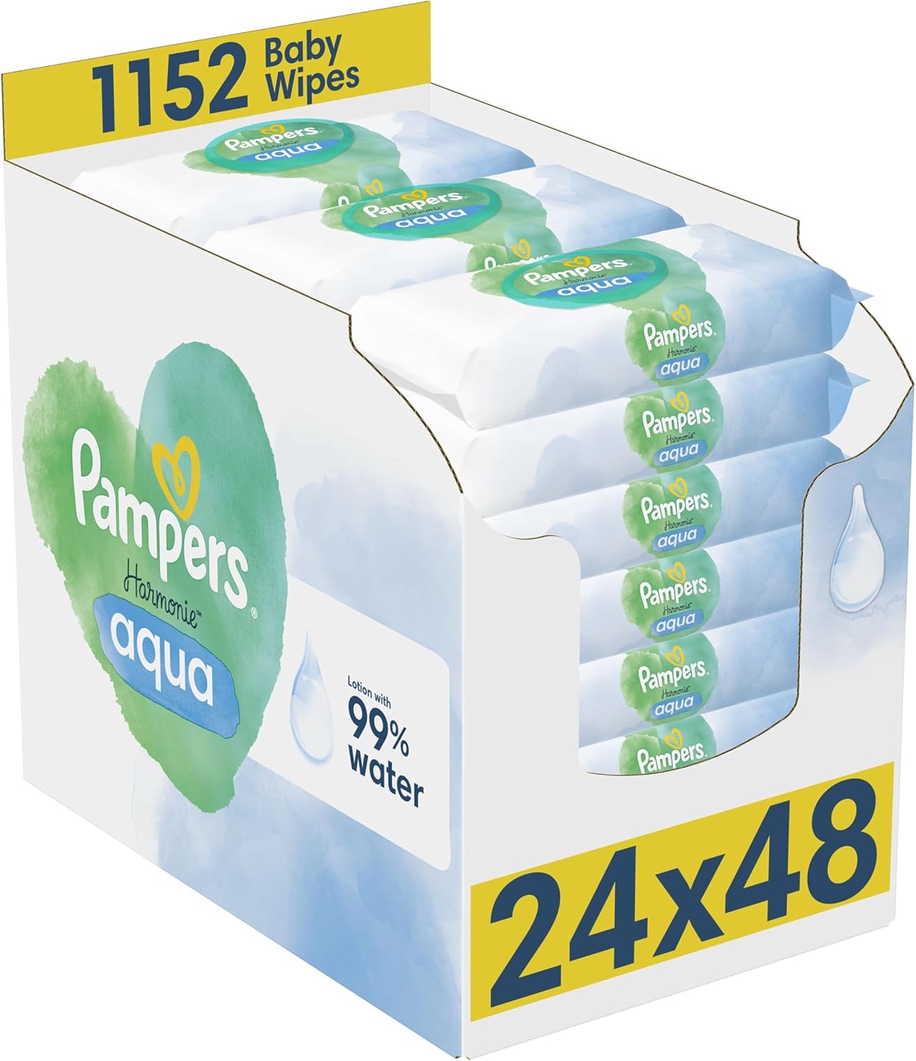 Pampers Harmonie Aqua Baby Wipes Plastic Free 24 Packs of 48 Wipes, 1152 Baby Wet Wipes, Help Restore Natural Skin Ph, Delicate Lotion with 99 Percent Water