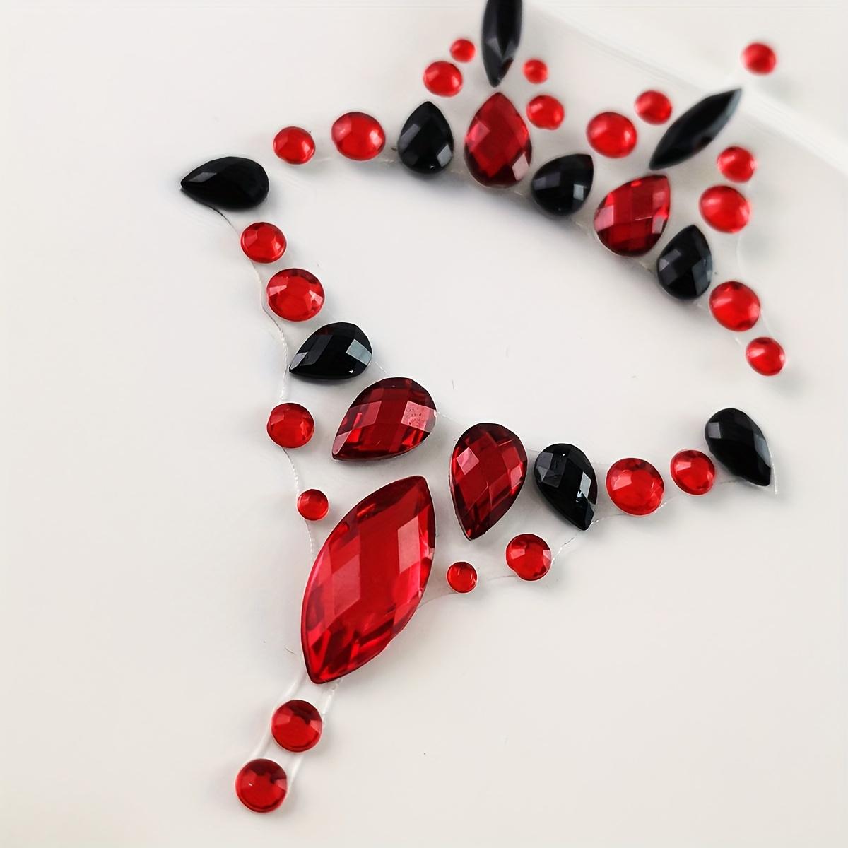 Sparkling Red Rhinestone Temporary Tattoo Patch Easy to Apply & Remove Long Lasting Adhesive for Halloween Costume Parties Gothic Makeup Reusable Face Decoration for DIY Beauty Looks Festival Accessories