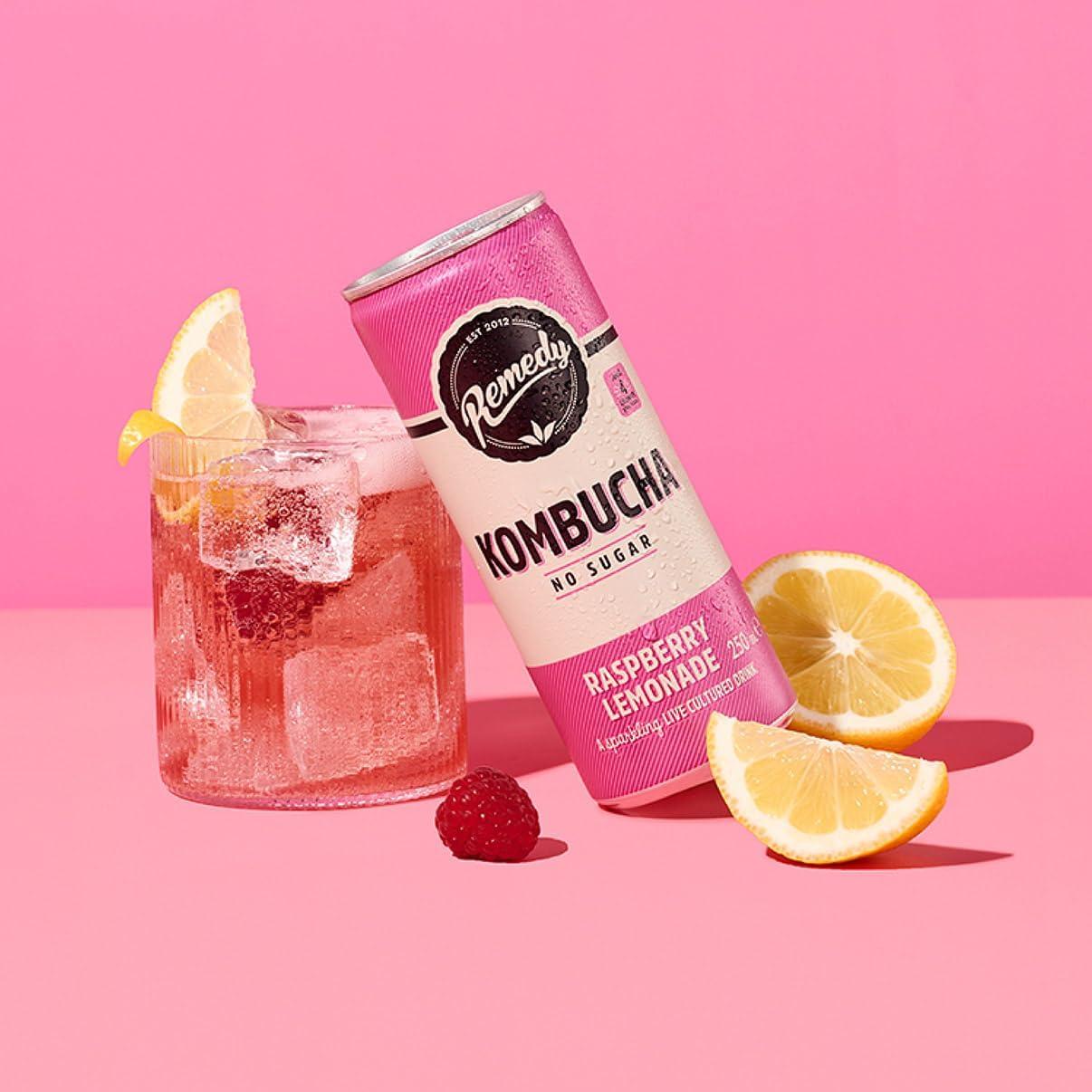 Remedy Kombucha  - Raspberry Lemonade - Sparkling Live Cultured Drink - Naturally Sugar Free Soft Drink - Prime Probiotic Drink for Gut Health - 12 X 250Ml REMEDY Kombucha