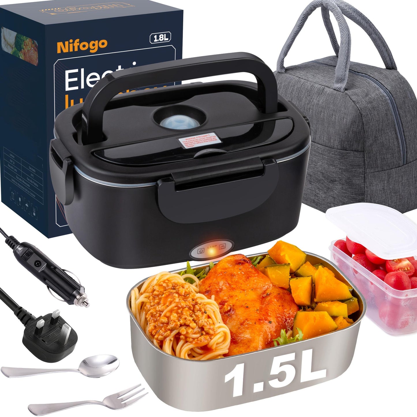 Adult Electric Heated Lunchbox 8OwMen'S Portable Heated Lunchbox 3 In 1Portable Heated Lunchbox 230V/12V/24V With1, 8L Removable Stainless Steel Container AndBag (Black)