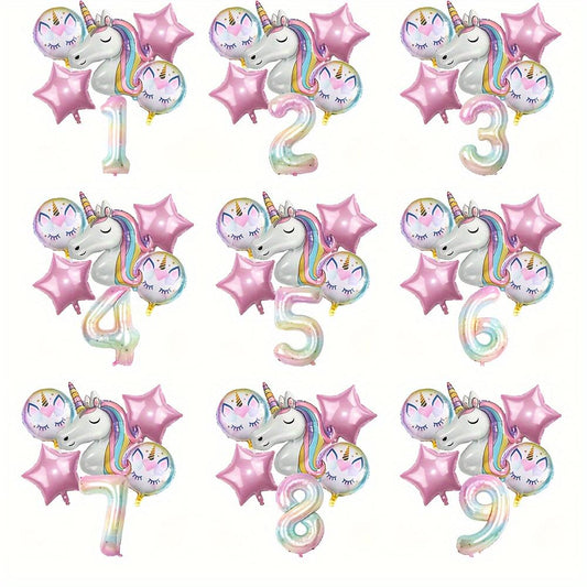 6pcs Unicorn Balloon Set - Star Numbers and Star Balloons, Durable and Reusable