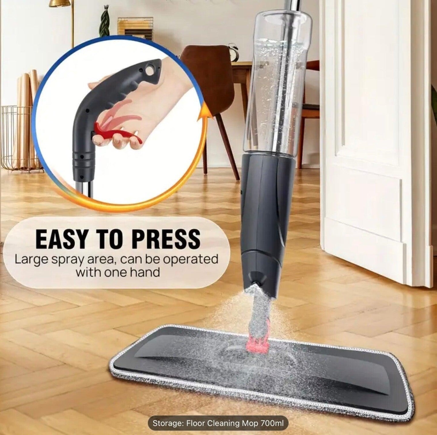 Spray Mop Microfibre Easy Floor Cleaning 700ML Refillable Washable Pads 360°  Swivel Head – Dry & Wet Use – Ideal for Laminate, Wood & Tile Floors – Includes 3 Washable Microfiber Pads – Lightweight & Durable Design