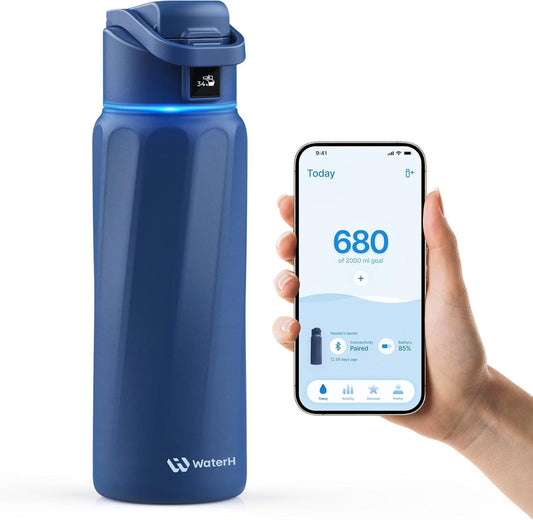 BOOST Smart Water Bottle with Hydration Reminder & Tracker - Vacuum Insulated Water Bottles Stainless Steel, Bpa-Free Wide Mouth, Ideal for Gym, School, Office - Blue (946Ml/1L, 32Oz) WATERH