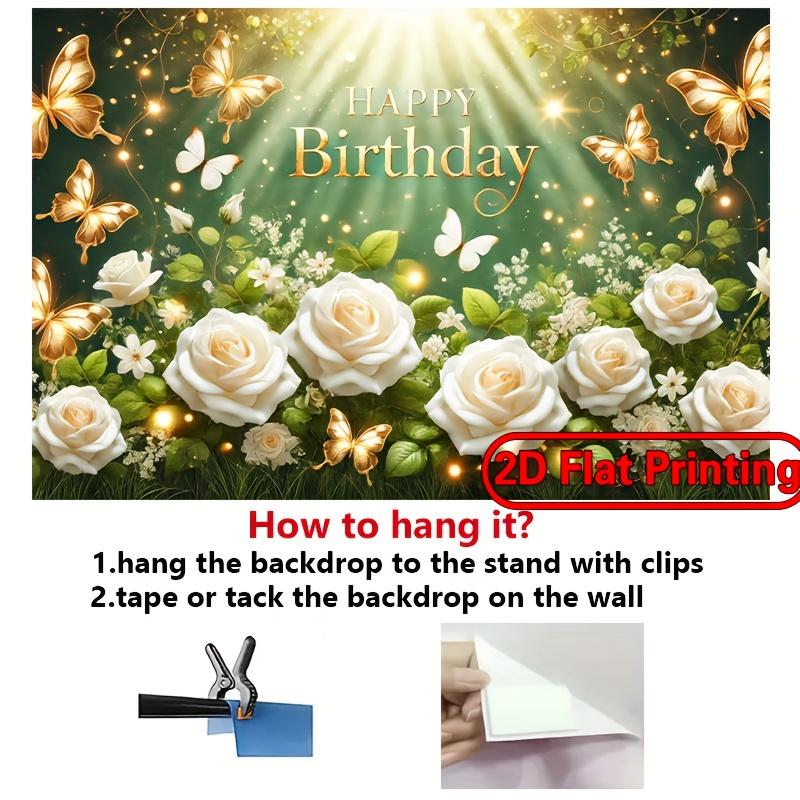 2D FLAT Printing Banner, 1pc Vibrant Polyester Backdrop with Golden Butterflies & White Roses - Perfect for Birthdays, Weddings, and Holiday Celebrations, Easy Setup & Reusable, 243.84x182.88cm, Holiday Backdrop | Golden Butterfly Design