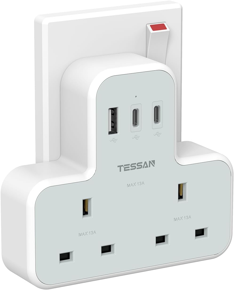 Plug Adapter with 3 USB Ports, TESSAN Double Plug Adaptor UK, 2 Way Multiplug Extension with USB Charger, Slim Power Extender for Kitchen, Office, School Supplies