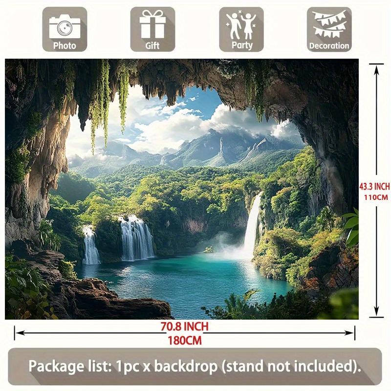 1pc Tropical Forest & Waterfall Party Banner - Vibrant Polyester Backdrop with Lush Greenery, Misty Mountains, and Serene Blue Waters for Home, Room, or Wall Decor - Perfect for All Seasons Photo Props and Party Supplies, Outdoor Deco