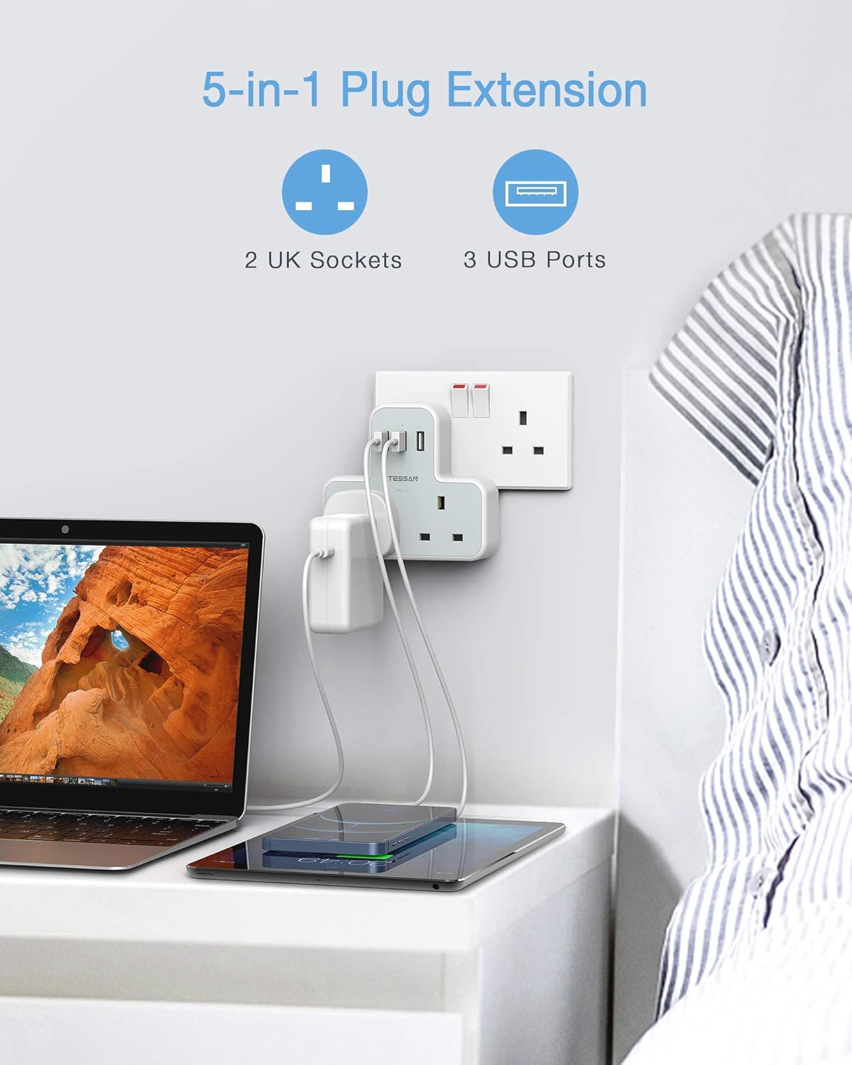 Plug Adapter with 3 USB Ports, TESSAN Double Plug Adaptor UK, 2 Way Multiplug Extension with USB Charger, Slim Power Extender for Kitchen, Office, School Supplies