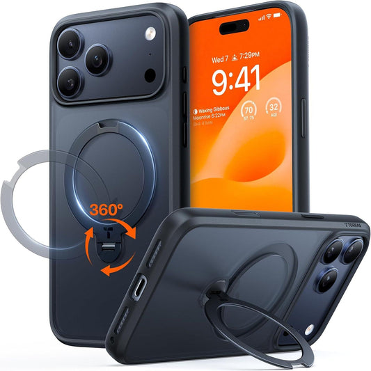 TORRAS Ostand Q3 Spin for iPhone 17 Pro Max Case – 360° Rotating Ring Stand, Camera Button Guard, 12FT Drop Protection, MagSafe Compatible, Black Smartphone Casing
