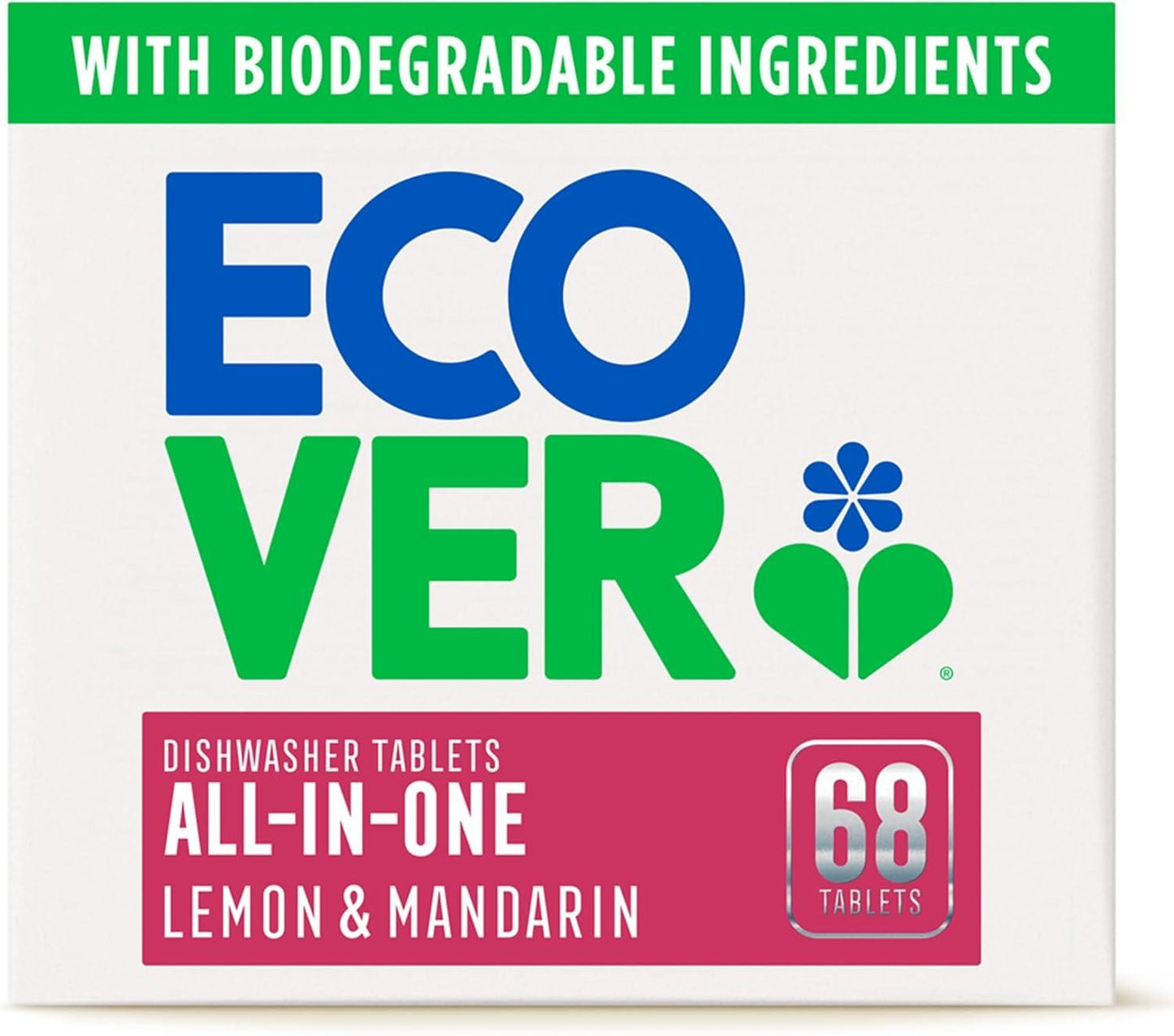 Ecover All in One Dishwasher Tablets, Contains Salt & Rinse Aid, Powerful Cleaning, Fresh Lemon & Mandarin Scent, Pack of 1, 68 Tablets
