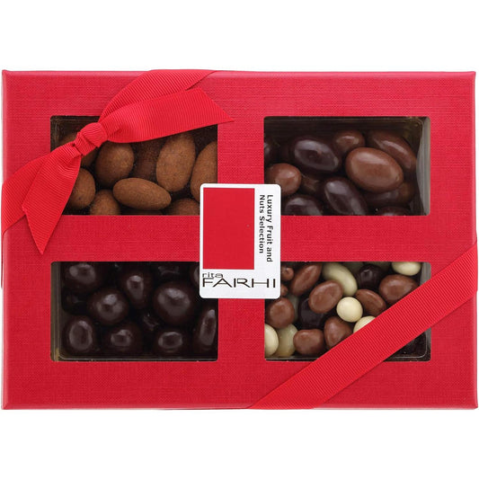 Rita Farhi Chocolate Covered Nut Selection Luxury Gift Box 390G - Almonds, Brazil Nut, Hazelnuts. Cinnamon Dusted and Chocolate Covered Nuts - New Palm Oil Free Recipe