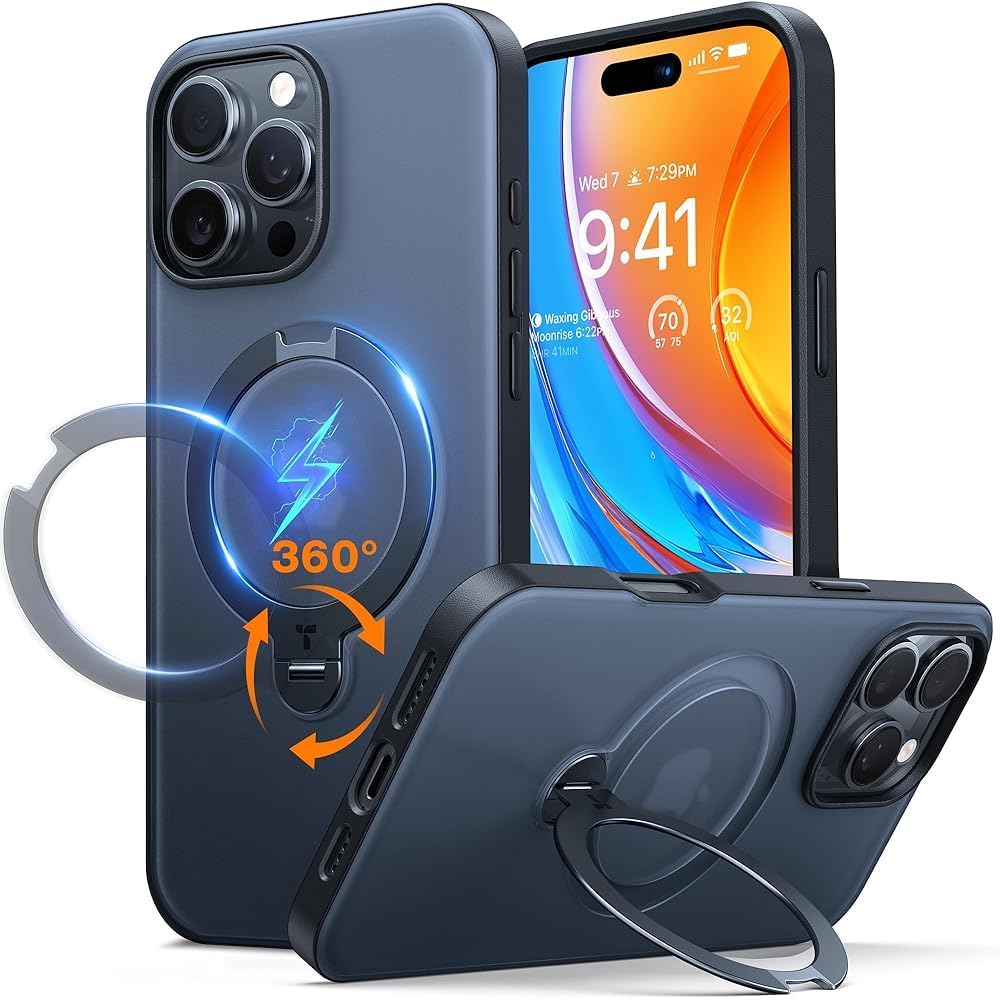 TORRAS Ostand Q3 Spin for iPhone 17 Pro Max Case – 360° Rotating Ring Stand, Camera Button Guard, 12FT Drop Protection, MagSafe Compatible, Black Smartphone Casing