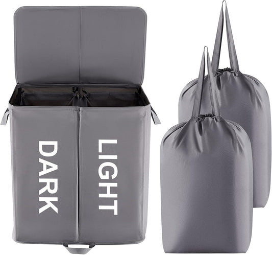Lifewit 136L Double Laundry Hamper with Lid and Removable Laundry Bags, Large Divided Hamper, Collapsible 2 Section Laundry Basket with Handles for Bedroom, Bathroom, College Dorm, Laundry Room, Grey