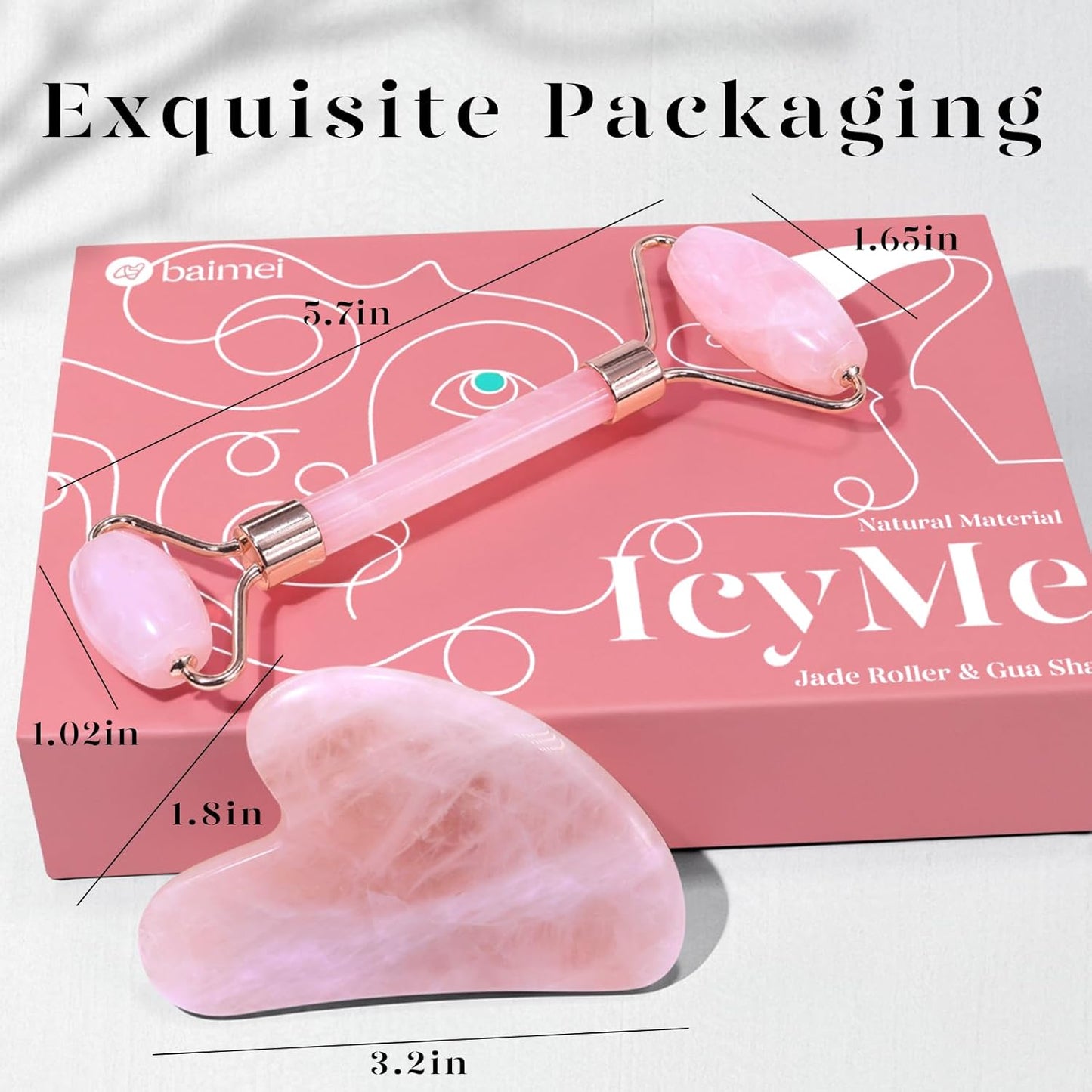 BAIMEI Gua Sha & Jade Roller,Guasha Tool Face, Self Care Gift for Women and Men, Massager for Face, Eyes, Neck Care, Skin Care Gifts - Rose Quartz