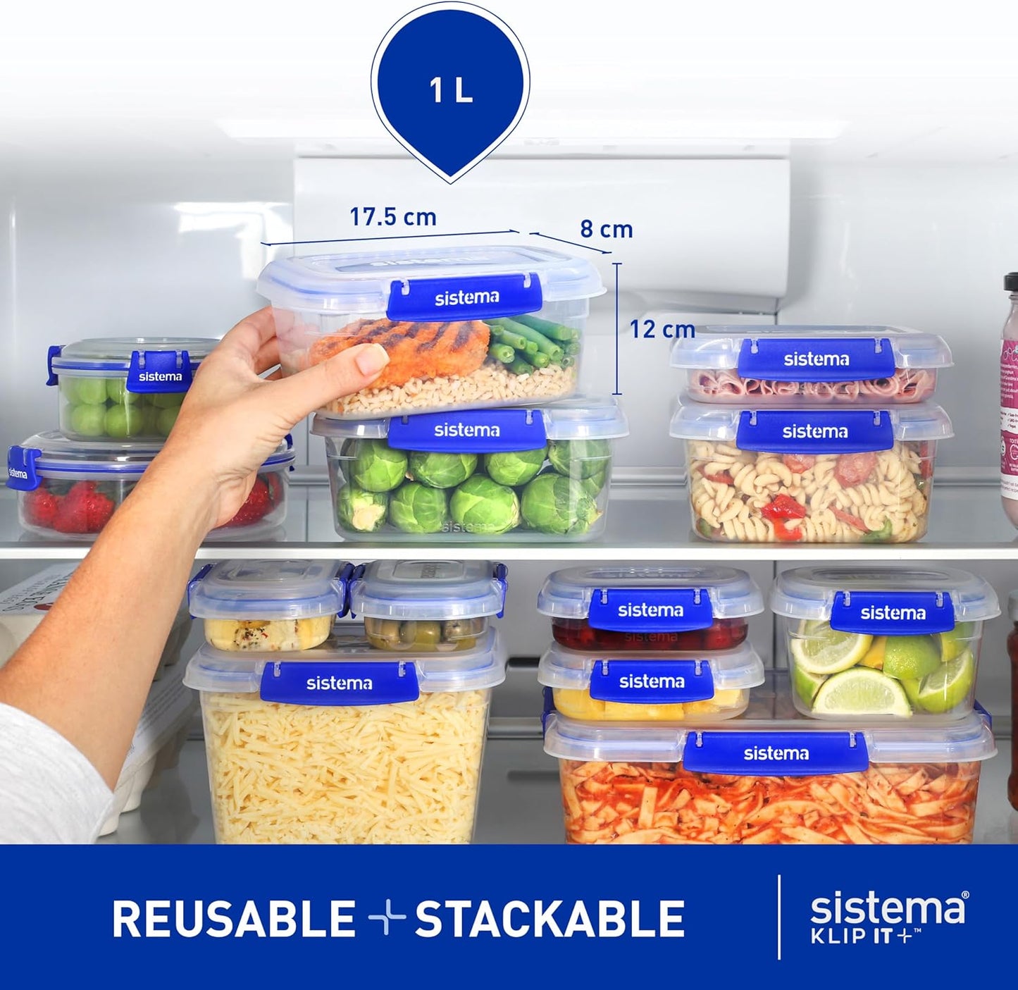 Sistema KLIP IT plus Leakproof Food Storage Containers | 1 L | Airtight, Stackable & Nestable Meal Prep Containers with Lids | School Lunch Boxes | 3 Count Newell Brands