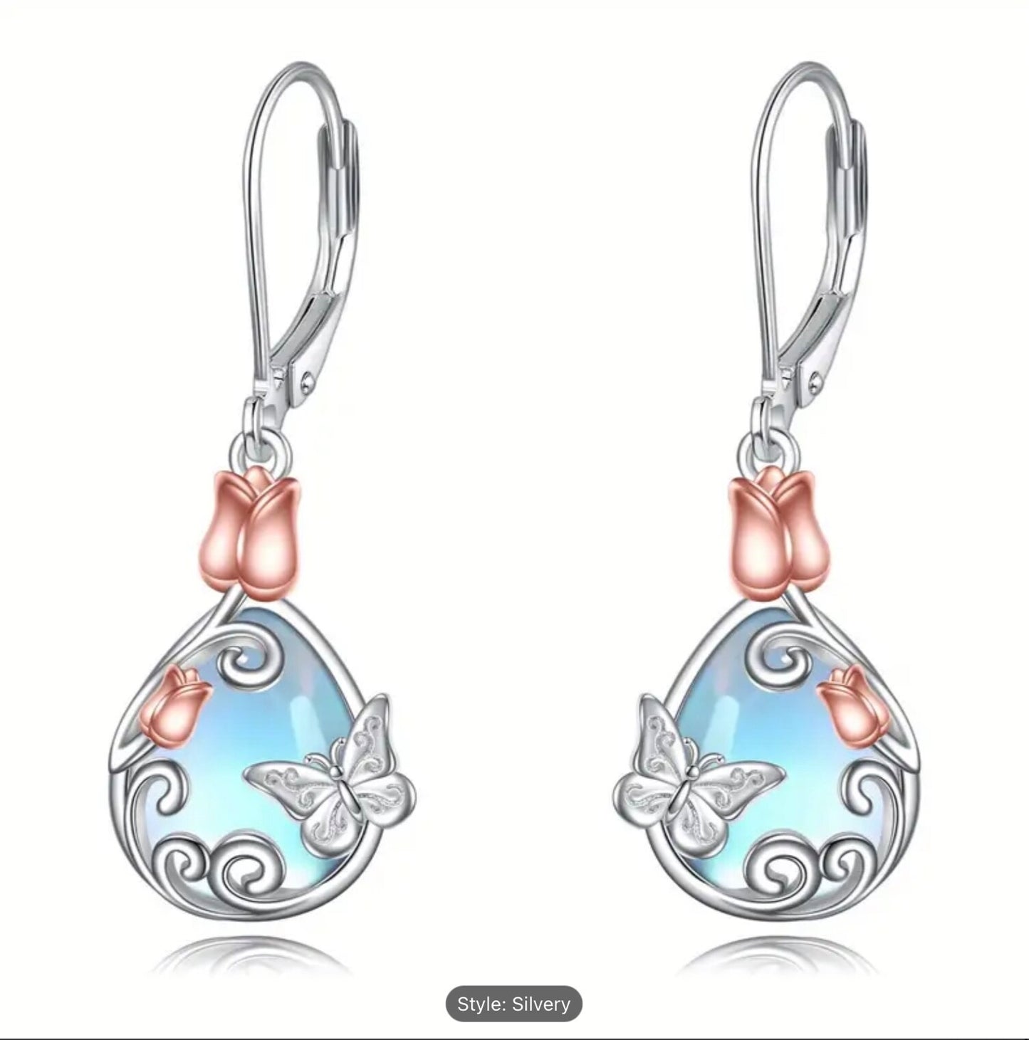 925 Sterling Silver Butterfly Leverback Moonstone Dangle Earrings Women Gift Set