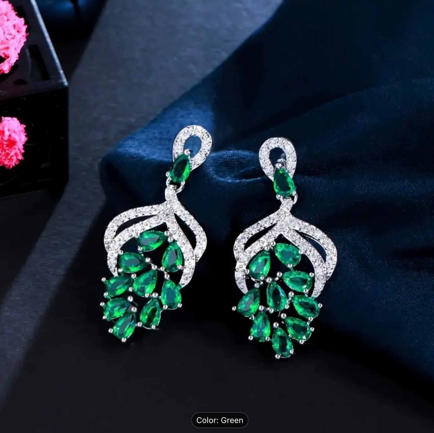 Handmade Grape Flower Drop Earrings 3.5cm Blue Green Cubic Zirconia Bridal Women