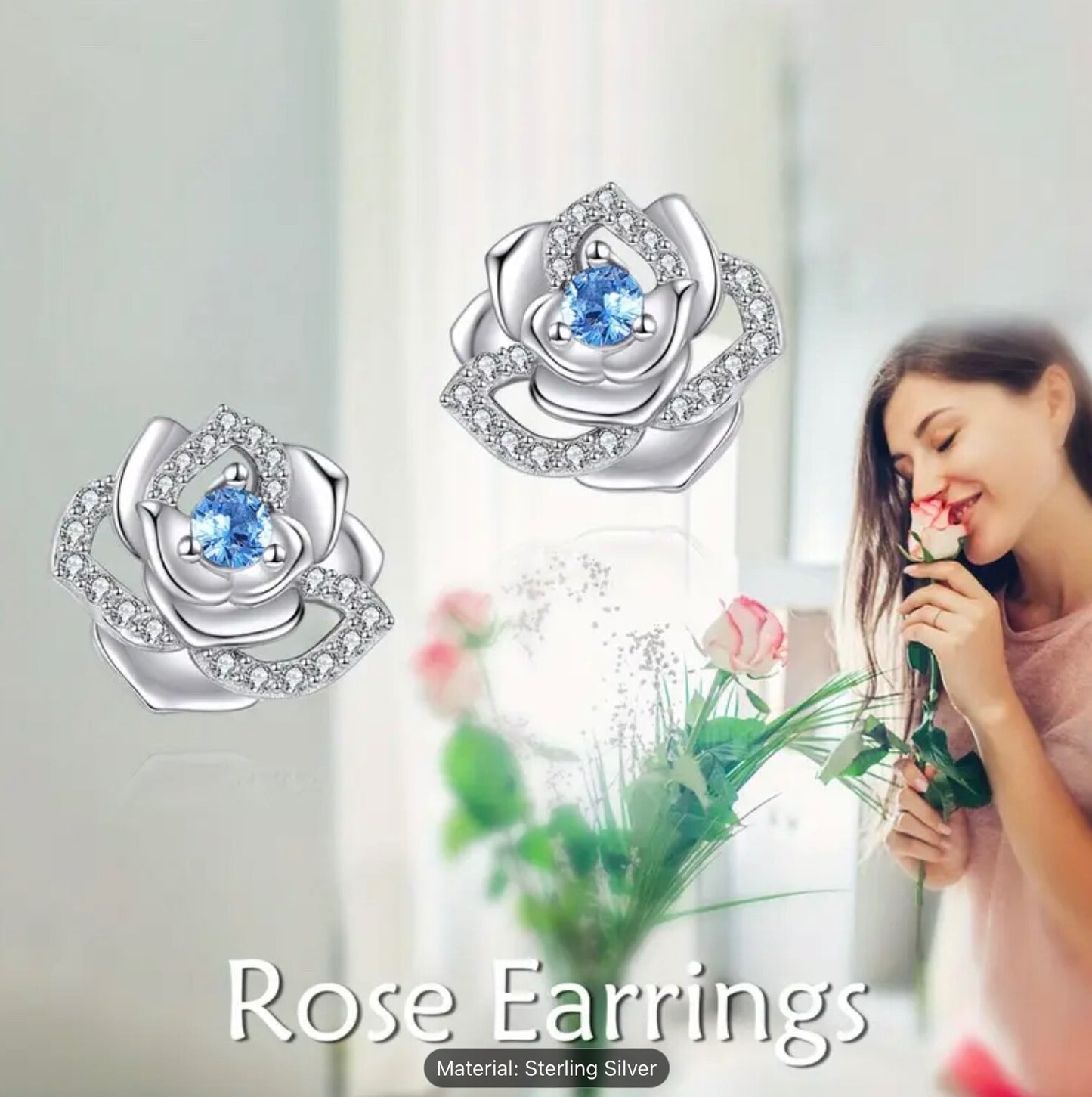 Sterling Silver Rose Earrings Stud Cubic Zirconia Women Romantic Gift Jewellery