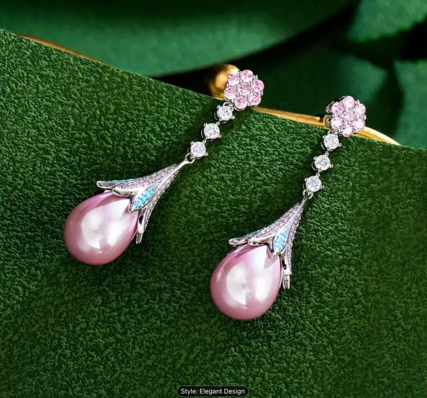 Shiny 925 Sterling Silver CZ Pink Pearl Drop Earrings Women Girls Gift Jewellery