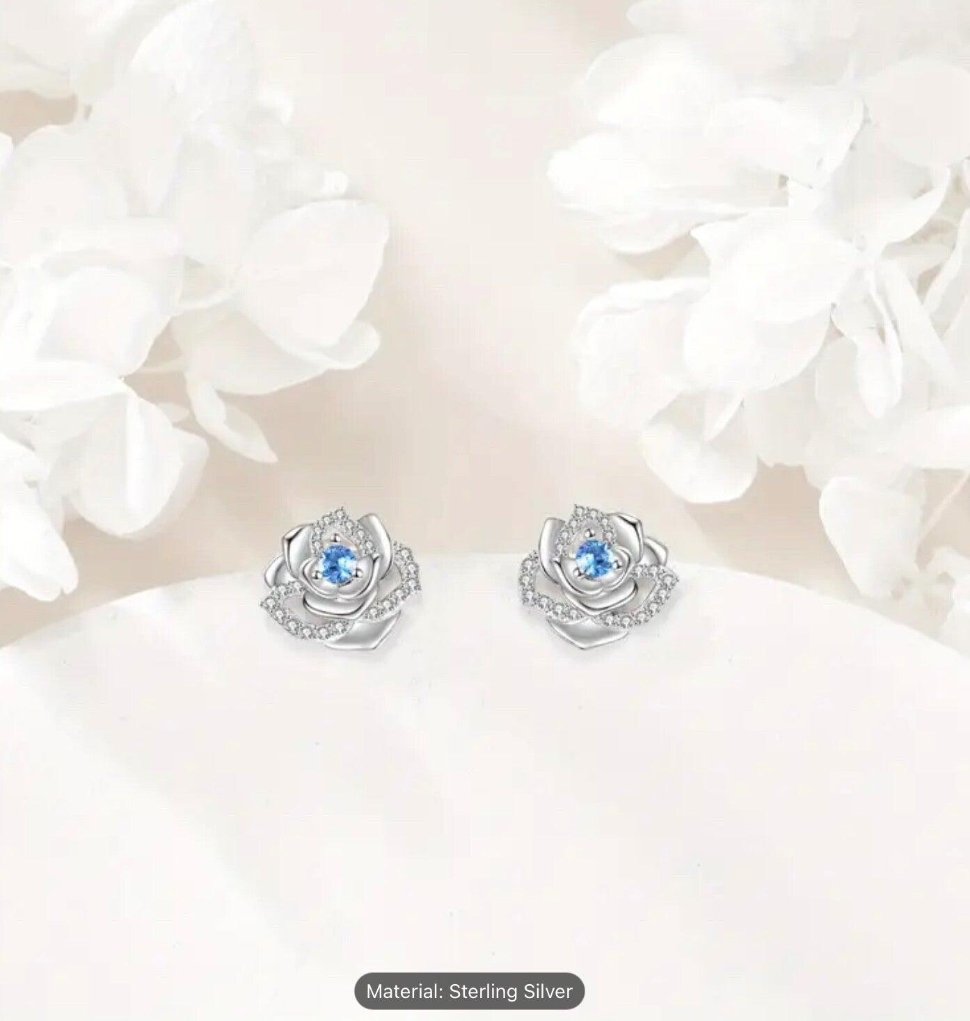 Sterling Silver Rose Earrings Stud Cubic Zirconia Women Romantic Gift Jewellery